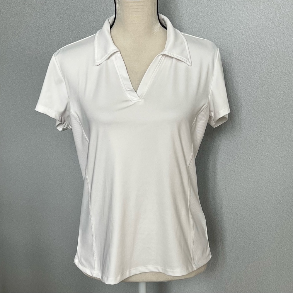 Marika White V-Neck Short Sleeve Athletic Polo Shirt Size Large